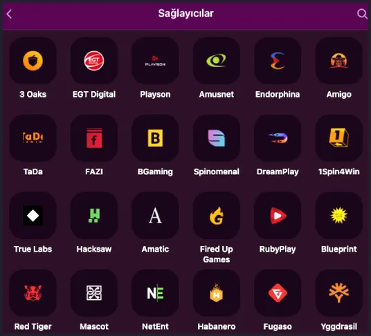 Altı sütunlu Sağlayıcılar listesinin üst sırasında 3 Oaks, EGT Digital ve Playson, dördüncü sırada Red Tiger, Mascot, NetEnt, Habanero ve Fugaso yer alıyor.