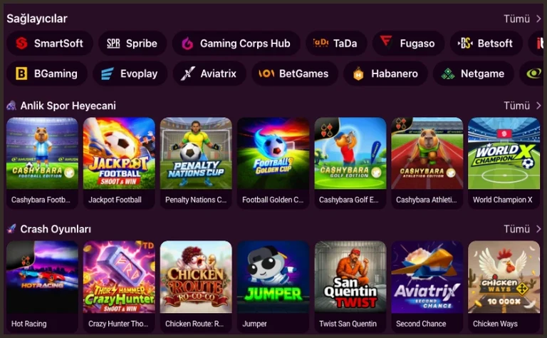 Sağlayıcı çipleri Sağlayıcı çipleri arasında SmartSoft, Spribe, TaDa, Fugaso ve Betsoft var; altta Anlık Spor Heyecanı ile Crash Oyunları satırlarında Cashbara Football, Hot Racing ve Jumper görünüyor.