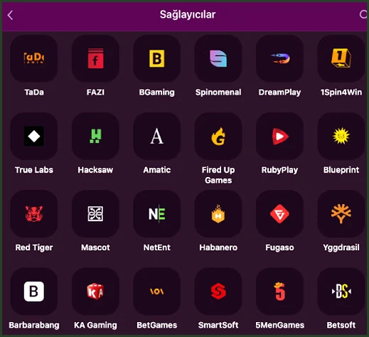 Aşağı kaydırılmış Sağlayıcılar sayfası TaDa ve FAZI'den Barbarabang, KA Gaming, BetGames, SmartSoft, 5MenGames ve Betsoft simgelerine kadar iniyor.