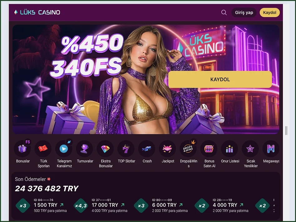 Geniş ana sayfada %450 340FS afişi, kısayol satırı ve 24 376 482 TRY toplamlı Son Ödemeler paneli ile 1 500 TRY kartı görünüyor.