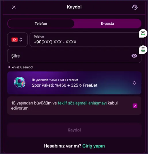 Ülke ve telefon alanı Kaydol formunun yakın kesitinde Türk bayraklı ülke seçici, +90(XXX) XXX - XXXX alanı, Spor Paketi satırı ve kayıt düğmesi görünüyor.