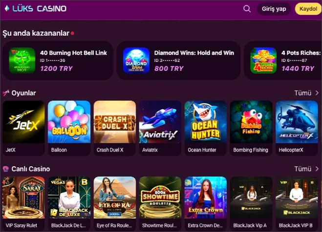 Kazananlar şeridinde 1200 TRY, 800 TRY ve 1440 TRY görünüyor; altında JetX, Balloon ve Aviatrix oyunları ile Canlı Casino satırı yer alıyor.