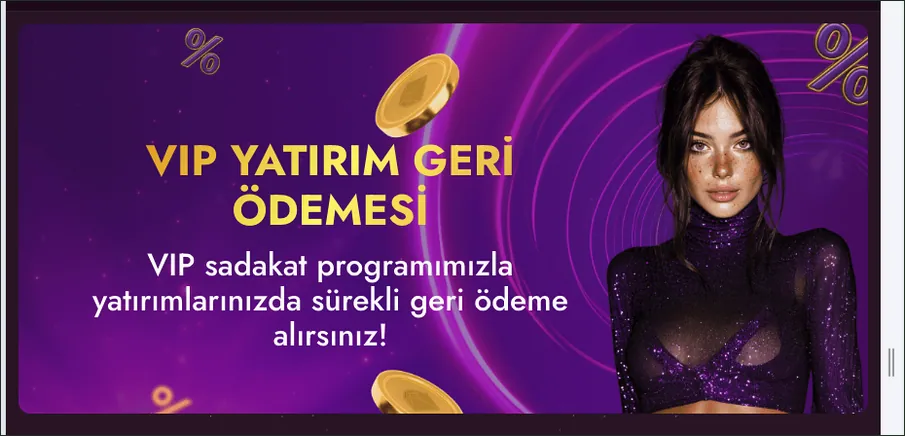Koyu çerçeveli, yüzde simgeleri ve altın paralarla süslü VIP YATIRIM GERİ ÖDEMESİ afişi; sağ kenarda kaydırma çubuğu belirmiş durumda.