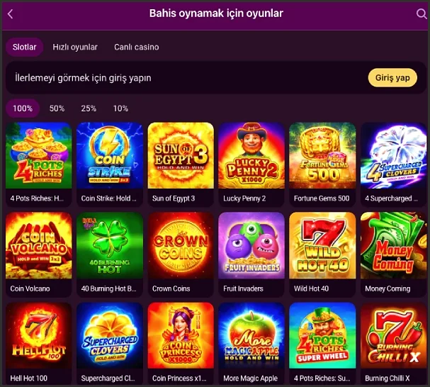 Slotlar sekmesindeki oyun listesinde 4 Pots Riches, Coin Strike, Sun of Egypt 3 ve Lucky Penny 2 kapakları ile 100/50/25/10% seçicisi görülüyor.