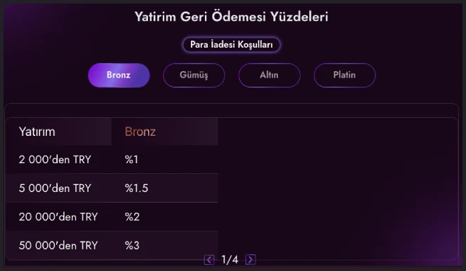Yatırım Geri Ödemesi Yüzdeleri tablosunun yakın çekiminde Yatırım ve Bronz sütunları, %1 ile %3 arası oranlar ve altta 1/4 sayfa okları var.