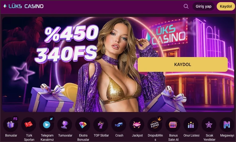 Lüks Casino ana sayfasının üstünde logo, Giriş yap ve Kaydol düğmeleri, %450 340FS karşılama afişi ve altında Bonuslar, Türk Sporları ile Telegram Kanalımız kısayolları duruyor.