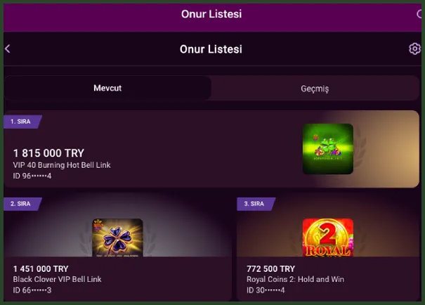 Onur Listesi Mevcut sekmesinde birinciye 1 815 000 TRY, ikinciye 1 451 000 TRY, üçüncüye 772 500 TRY yazıyor; kısmen gizli oyuncu kimlikleri listelenmiş.