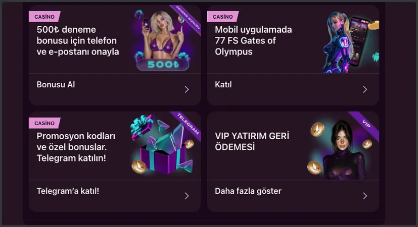 Dört promosyon kartı: 500₺ deneme bonusu için Bonusu Al, 77 FS Gates of Olympus için Katıl, Telegram'a katıl! ve VIP için Daha fazla göster.