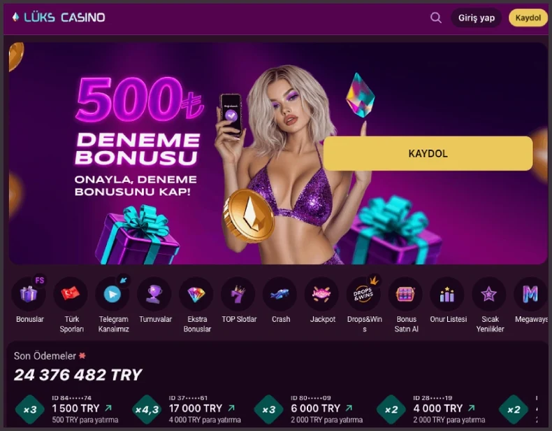 Yakın kesitte 500₺ DENEME BONUSU afişi ve Kaydol düğmesi, hemen altında 24 376 482 TRY toplamlı Son Ödemeler bölümü görünüyor.