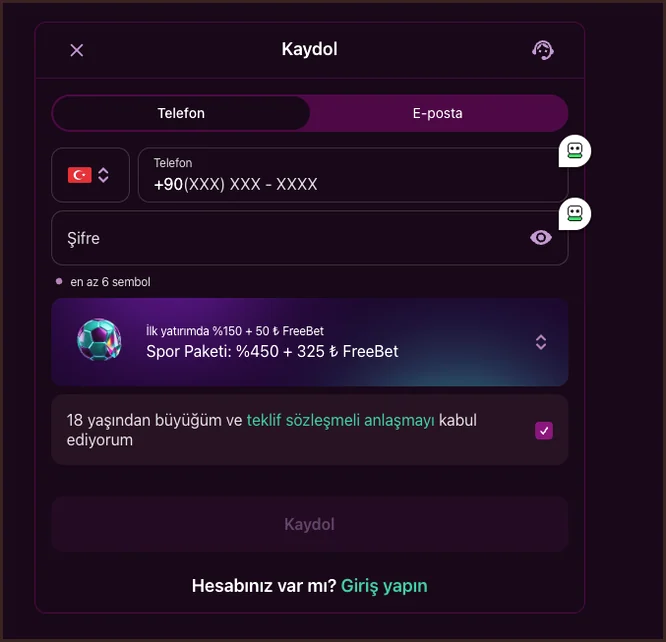 Spor paketli form Koyu kenar boşluklu Kaydol formunun geniş kesitinde Telefon alanı, Şifre alanı ve futbol simgeli Spor Paketi seçicisi görünüyor.