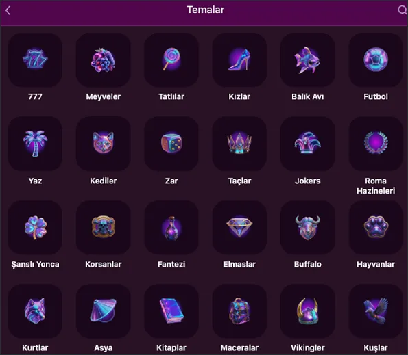 Tema simgeleri Temalar ekranında 777, Meyveler, Tatlılar, Futbol, Yaz, Kediler, Elmaslar, Buffalo, Kurtlar, Vikingler ve Kuşlar tema simgeleri ile slot seçimi yapılabiliyor.