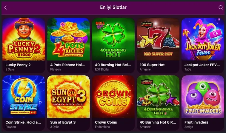 Popüler slot sayfası En iyi Slotlar sayfası iki sırada Lucky Penny 2, 4 Pots Riches, 40 Burning Hot Bell Link, 100 Super Hot ve Coin Strike oyunlarını gösteriyor.