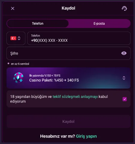 Telefonla kayıt penceresi Telefon sekmesindeki Kaydol penceresinde +90(XXX) XXX - XXXX alanı, en az 6 sembol ipuçlu Şifre ve Casino Paketi: %450 + 340 FS seçicisi var.