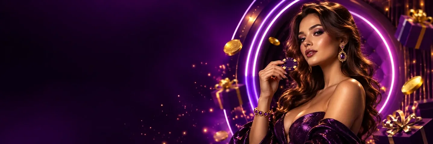 Lüks Gazino banner görseli: neon halkanın önünde duran, elinde casino fişi olan şık kadın ve altın paralar